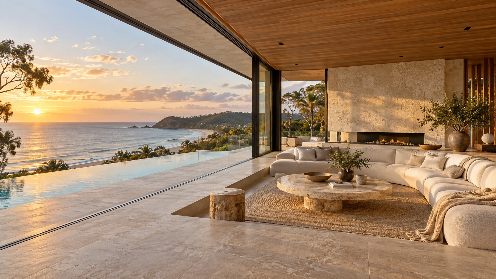 Living pavilion with floor-to-ceiling glass facing the ocean